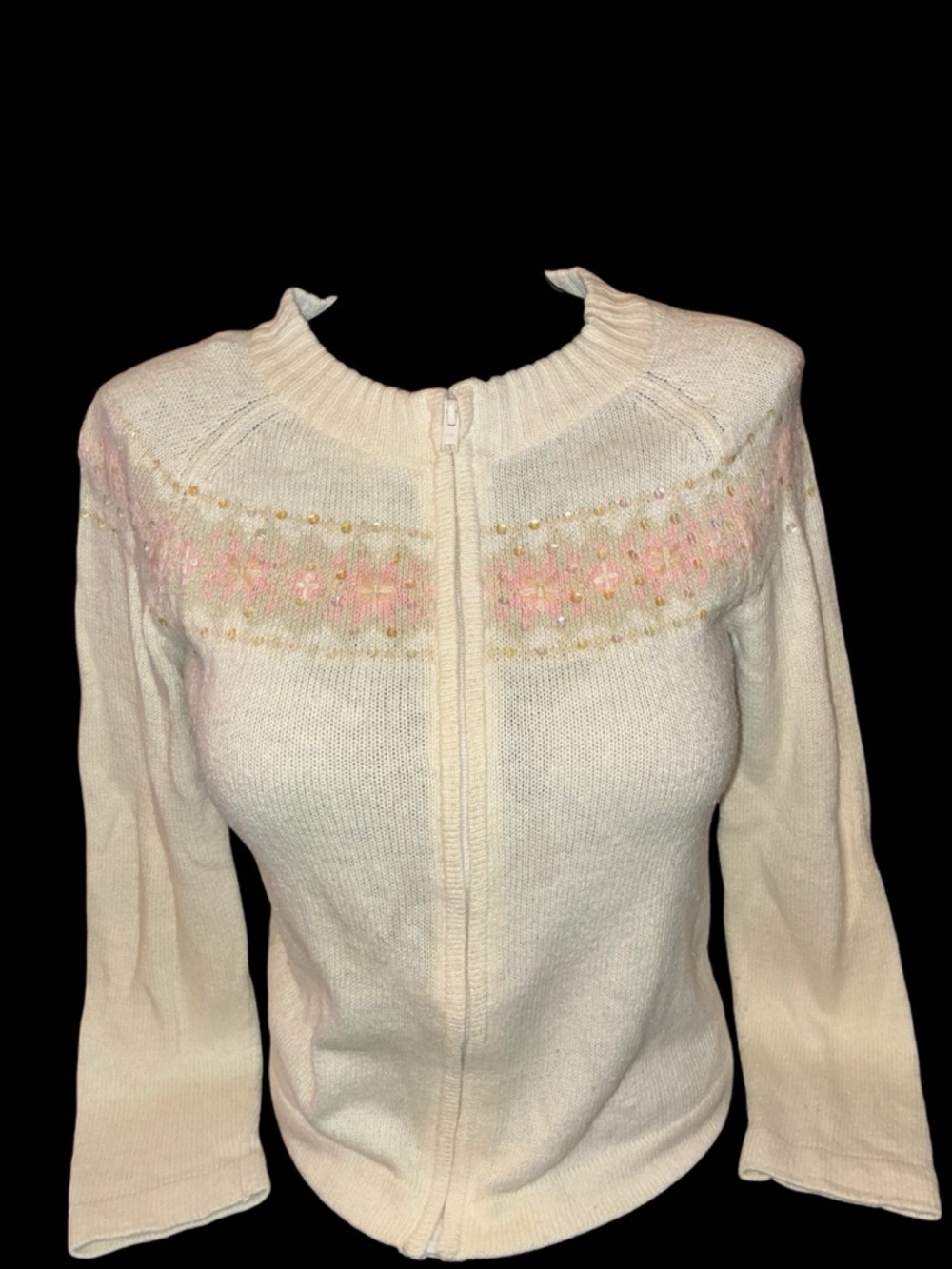 Cherokee Cream Zip-Front Women's Sweater with Pink Embroidered Yoke